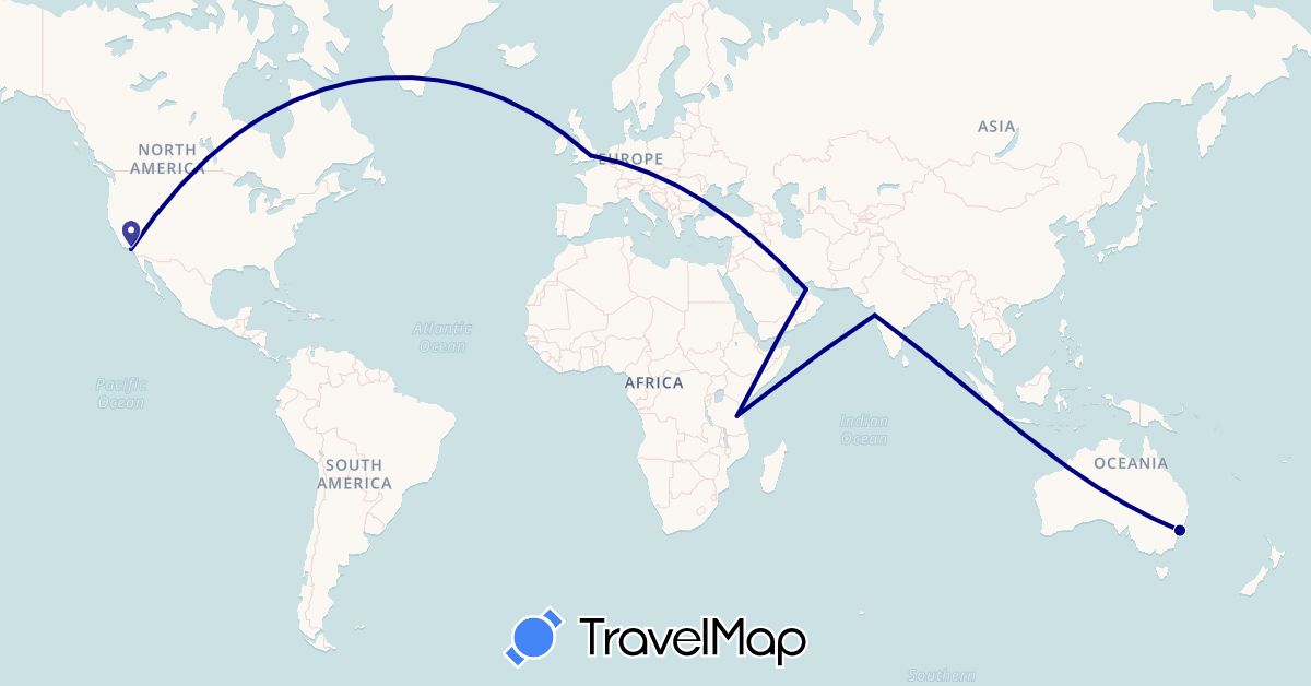 TravelMap itinerary: driving in United Arab Emirates, Australia, United Kingdom, India, Kenya, United States (Africa, Asia, Europe, North America, Oceania)